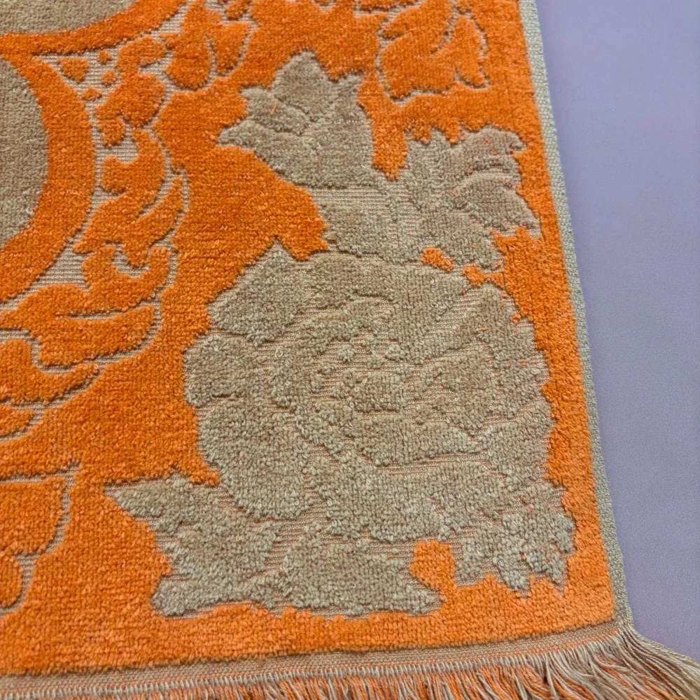 Vintage Fieldcrest Orange Gold sculpted Floral Damask Bath Towels  x2 Fringe